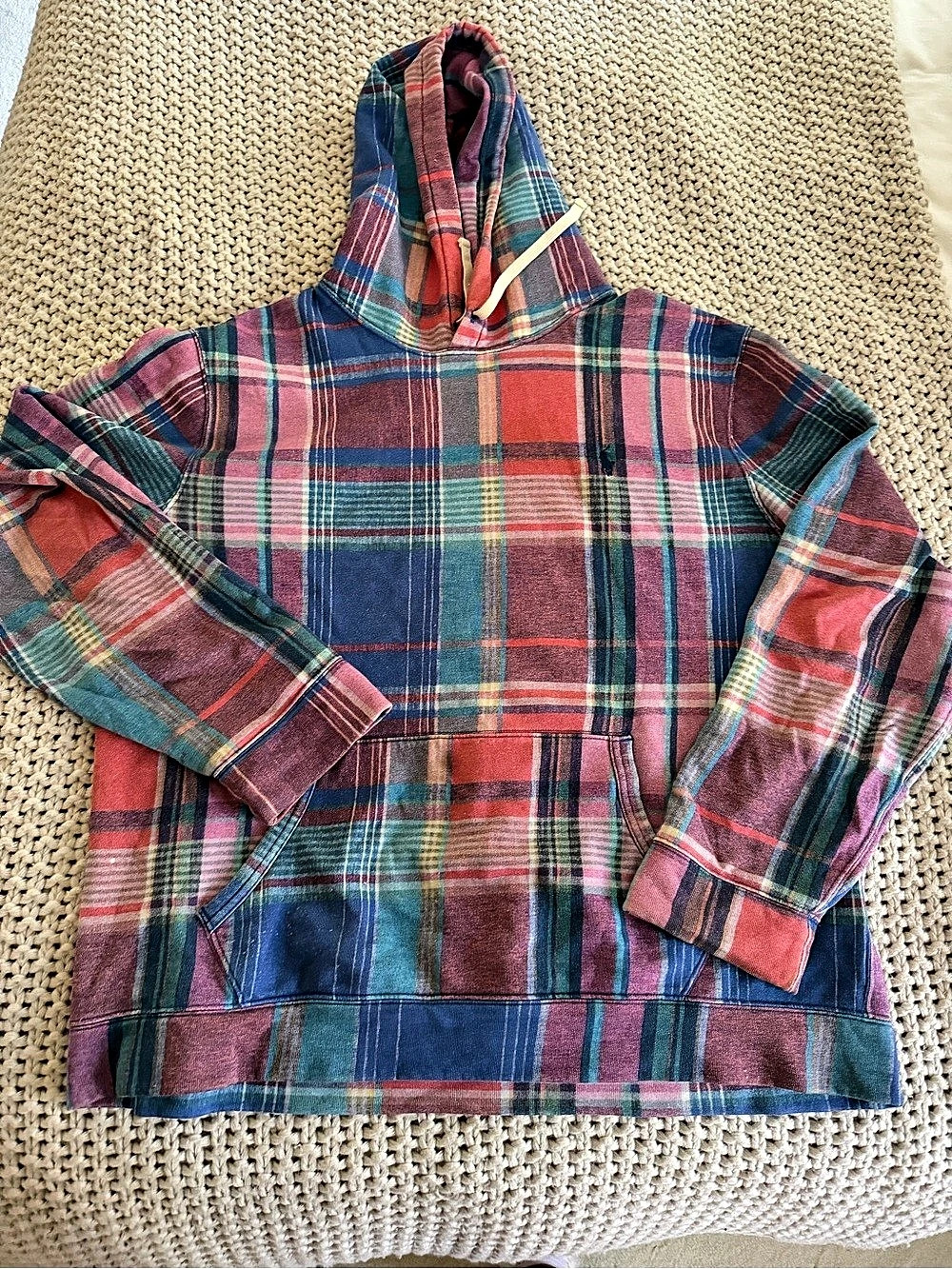 Men’s Polo Ralph Lauren Plaid Pullover Hoodie Blue & Red Large